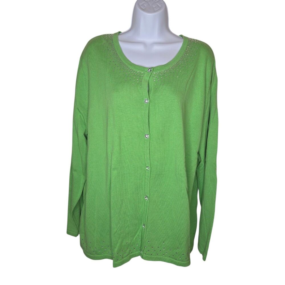 Quacker Factory Women 2X Lime Green Rhinestone Sparkle & Shine Cardigan Sweater